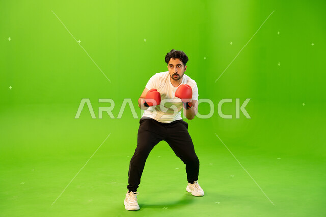 نشاط بدني للحفاظ على الصحة واللياقة الجسدية، التدرب على حركات قتالية، ملاكم عربي خليجي سعودي يرتدي قفازات الملاكمة يمارس رياضة الدفاع عن النفس، المنتخب الوطني السعودي للملاكمة والمصارعة،  صورة الجسم بالطول الكامل، خلفية خضراء ،كروما