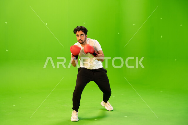 التدرب على حركات قتالية، ملاكم عربي خليجي سعودي يرتدي قفازات الملاكمة يمارس رياضة الدفاع عن النفس، المنتخب الوطني السعودي للملاكمة والمصارعة، نشاط بدني للحفاظ على الصحة واللياقة الجسدية، صورة الجسم بالطول الكامل، خلفية خضراء ،كروما