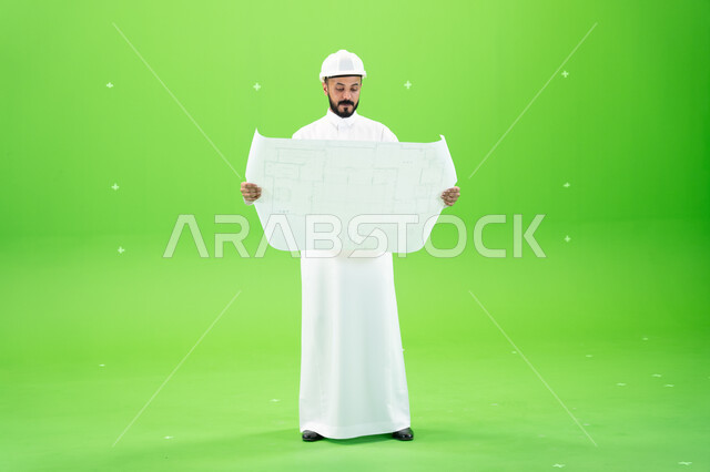 Support and development of the engineering sector, construction and architectural plans, developmental engineering projects, Saudi jobs and professions, portrait of a Saudi Gulf Arab engineer wearing a traditional dress and a protective hat standing at th