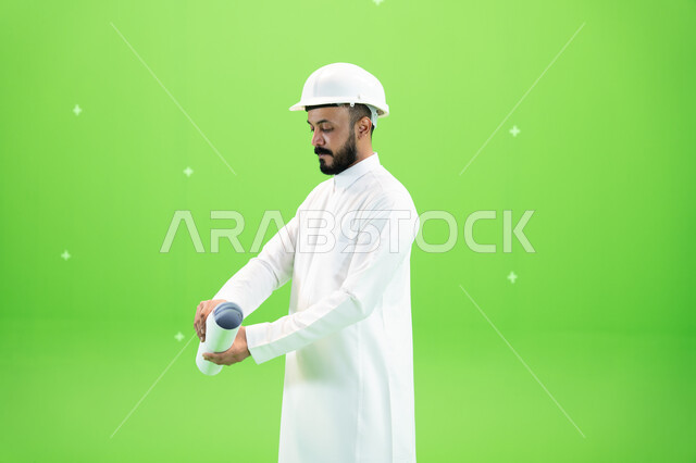 Construction and architectural plans, support and development of the engineering sector, developmental engineering projects, Saudi jobs and professions, portrait of a Saudi Gulf Arab engineer wearing a traditional dress and a protective hat standing at th
