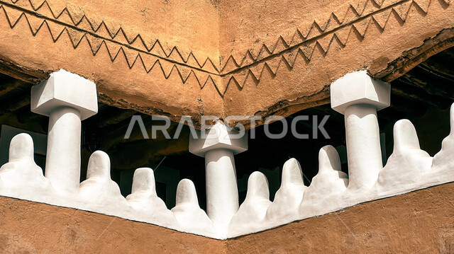 Ancient Arab architectural design, architectural engineering art of ancient mud houses and buildings in the village of Ushaiqar in Al-Shaqra Governorate, ancient historical monuments in the city of Riyadh, famous heritage tourist places in Saudi Arabia