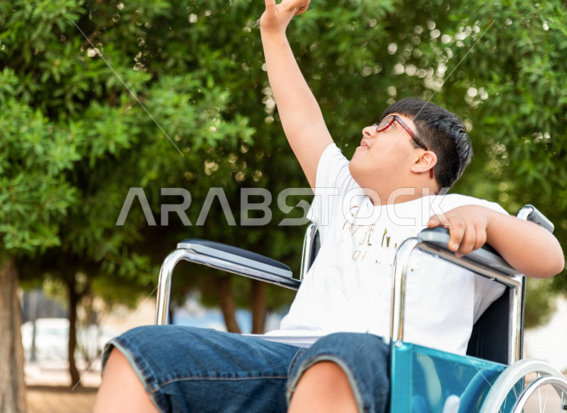 ولد جميل مصاب بملازمة داون يقضي وقته في نزهه  بالمنتزه ، طفل مقعد على كرسي متحرك يستمتع بالهواء الطلق ، أصحاب الهمم ، ذوي الاحتياجات الخاصة