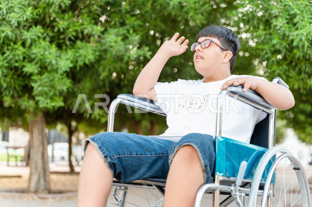 ولد جميل مصاب بملازمة داون يقضي وقته في نزهه  بالمنتزه ، طفل مقعد على كرسي متحرك يستمتع بالهواء الطلق ، أصحاب الهمم ، ذوي الاحتياجات الخاصة