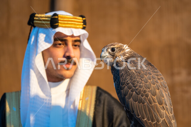 النظر الى الصقر بإيماءات القوة والتحدي, التمسك بموروث المملكة الحضاري والثقافي, صورة مقربة لرجل عربي خليجي سعودي يرتدي الغترة والبشت والعقال يحمل على يده طائر الصقر, شغف السعوديين بتربية الطيور الجارحة, علاقة الصقور تأسيس المملكة 22 فبراير, يوم التأسيس 1727