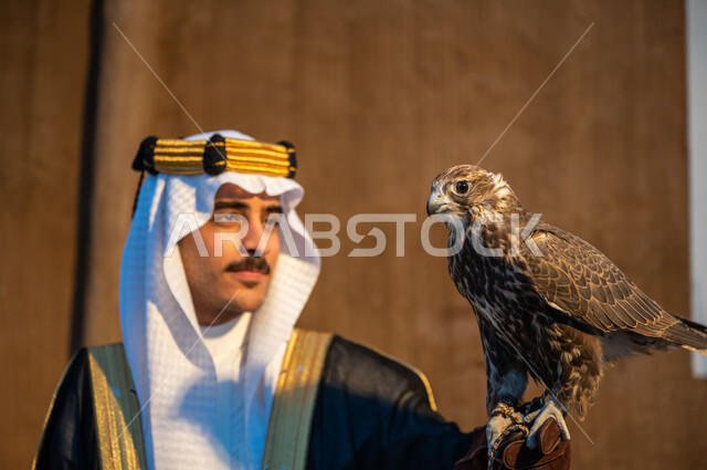 التمسك بموروث المملكة الحضاري والثقافي, صورة مقربة لرجل عربي خليجي سعودي يرتدي الغترة والبشت والعقال يحمل على يده طائر الصقر, شغف السعوديين بتربية الطيور الجارحة, علاقة الصقور تأسيس المملكة 22 فبراير, النظر الى الصقر بإيماءات القوة والتحدي, يوم التأسيس 1727