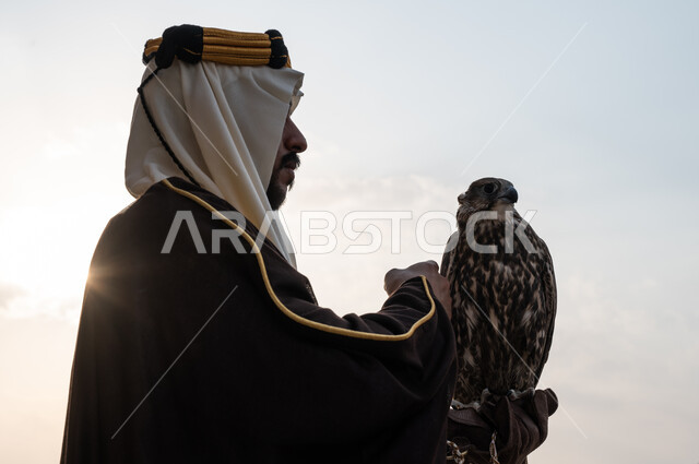 هواية تربية الصقور في البرية, أنشطة ترفيهية في الصحراء السعودية في ذكرى التأسيس 22 فبراير, صورة مقربة من الجانب لرجل عربي خليجي سعودي يرتدي البشت والغترة وقفاز الحماية يحمل طائر الصقر على يده, الاحتفال بيوم التأسيس 1727, مفهوم الشجاعة بترويض الطيور المفترسة