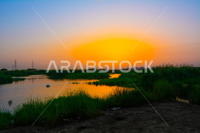 الأشجار الخضراء المحيطة ببحيرة مائية، وادي من المياه محاط بالنباتات العشبية، الشفق الأحمر في المناطق الطبيعية، خلفية الطبيعة وقت غروب الشمس