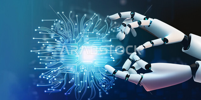 Employing artificial intelligence in programming electronics and technologies, a close-up image of a robot tapping with both hands on semiconductors and electronic chips on a holographic screen, the future of technology and technical development, a Saudi digital technological future vision