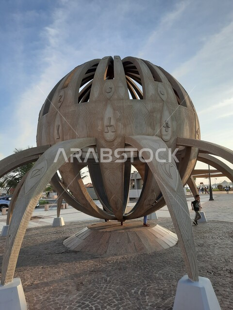 Distinctive landmarks and memorials on the Jeddah Corniche in the Kingdom of Saudi Arabia, famous tourist places in the city of Jeddah, the concept of tourism in Saudi Arabia, modern sculptures and models with a distinct architectural character.