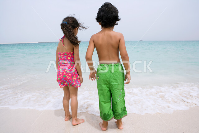 Having fun and enjoying swimming during the summer vacation, recreational activities and fun events, a picture from behind of two Emirati Gulf Arab brothers looking at the sea, visiting tourist resorts and coastal beaches in the Arab countries.