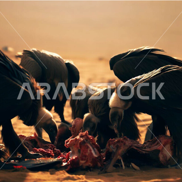 الحياة البرية في المملكة العربية السعودية, طائر النسر في صحاري ومحميات السعودية, الطبيعة الصحراوية للطيور الجارحة, رحلة صيد الحيوانات المفترسة, صورة مقربة لمجموعة من النسور في وقت الظهيرة يقومون بإلتهام الفريسة