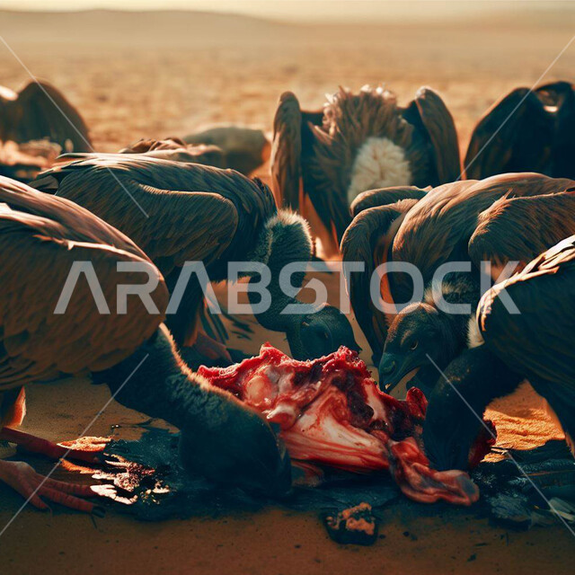 رحلة صيد الحيوانات المفترسة, طائر النسر في صحاري ومحميات السعودية, الطبيعة الصحراوية للطيور الجارحة, صورة مقربة لمجموعة من النسور في وقت الظهيرة يقومون بالتهام الفريسة, الحياة البرية في المملكة العربية السعودية