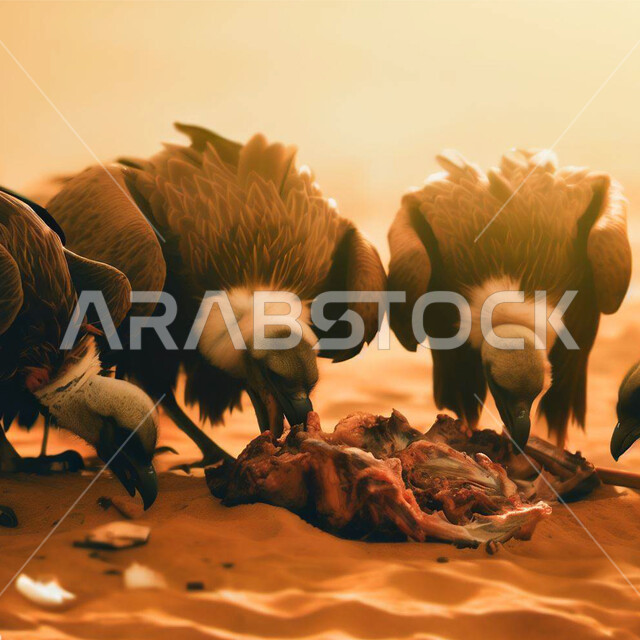 Eagle bird in the deserts and reserves of Saudi Arabia, the desert nature of birds of prey, a trip to hunt predators, a close-up photo of a group of eagles at noon devouring prey, wildlife in the Kingdom of Saudi Arabia