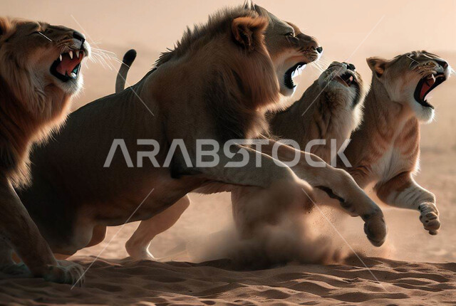 مفهوم الحياة البرية, الحيوانات البرية المفترسة في المحميات الطبيعية, صورة مقربة لمجموعة من الأسود في أحد غابات المملكة, الاهتمام بالحيوانات في المملكة العربية السعودية, حنان الأم ورعايتها لصغارها