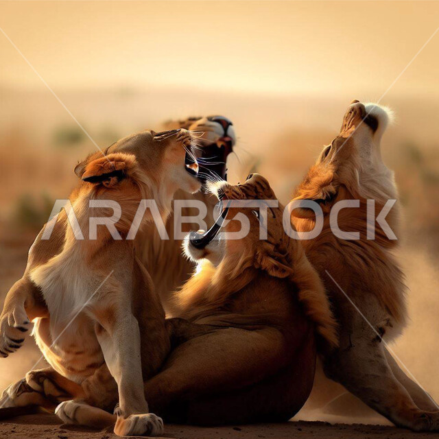 الحيوانات البرية المفترسة في المحميات الطبيعية, صورة مقربة لمجموعة من الأسود في أحد غابات المملكة, الاهتمام بالحيوانات في المملكة العربية السعودية, مفهوم الحياة البرية, حنان الأم ورعايتها لصغارها