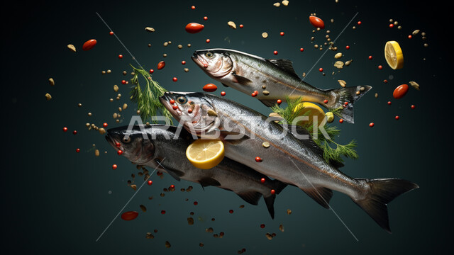 قطع من الفراخ المتبلة بالليمون, صورة مقربة للأسماك والمأكولات البحرية الطازجة، اكلات ووصفات عربية تقليدية، مكونات ووجبات صحية شهية، طبق سعودي تقليدي، المطاعم الشرقية في المملكة العربية السعودية, منتجات محليه وطنية, صيادية السمك