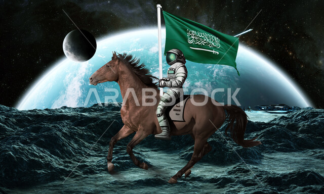 خلفية هولوجرامية ثلاثية الأبعاد لكوكب الارض، تحقيق التطور والنمو في قطاع الفضاء, الاحتفال مع الخيل في اليوم الوطني 93 في 23 سبتمبر, وصول السعودية إلى العالم الخارجي، رائد عربي خليجي سعودي يرتدي بدلة الفضاء يحمل علم المملكة العربيه السعودية ويمتطي حصانه