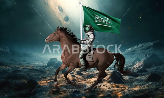 تحقيق التطور والنمو في قطاع الفضاء, الاحتفال مع الخيل في اليوم الوطني 93 في 23 سبتمبر, وصول السعودية إلى العالم الخارجي، رائد عربي خليجي سعودي يرتدي بدلة الفضاء يحمل علم المملكة العربيه السعودية ويمتطي حصانه، خلفية سطح القمر