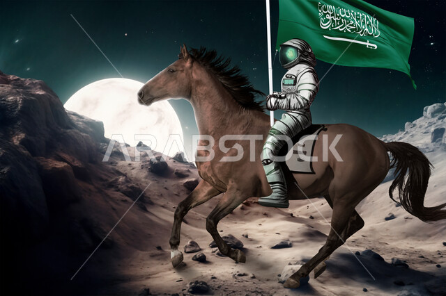 تحقيق النمو والتطور في قطاع الفضاء, الاحتفال مع الخيل في اليوم الوطني 93 في 23 سبتمبر, وصول السعودية إلى العالم الخارجي، رائد عربي خليجي سعودي يرتدي بدلة الفضاء يحمل علم المملكة العربيه السعودية ويمتطي حصانه، خلفية السماء المرصعة بالنجوم