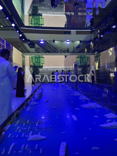 Models of boats and ships in the water, future innovations in the infrastructure of smart cities, the Riyadh Exhibition Center in the town of Malham in Saudi Arabia, a future Saudi vision 2030, the Cityscape International Exhibition, the NEOM Summit to build the housing of the future, sustainability and architectural planning for the real estate sector