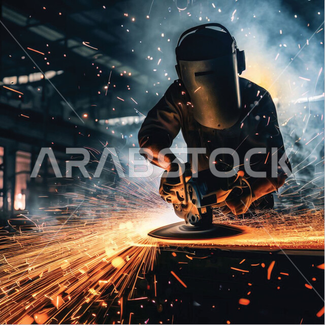 تجهيز وقص الحديد الصلب بمعدات وأدوات البناء, مهن ووظائف سعوديه, مهندس صناعي يرتدي قناع الحمايه الواقي يقوم بقطع المعدن, استخدام آله مطحنه الزوايه بشفرات دائرية لصناعه الحديد, المهارة في اتقان العمل في مصنع الحداده