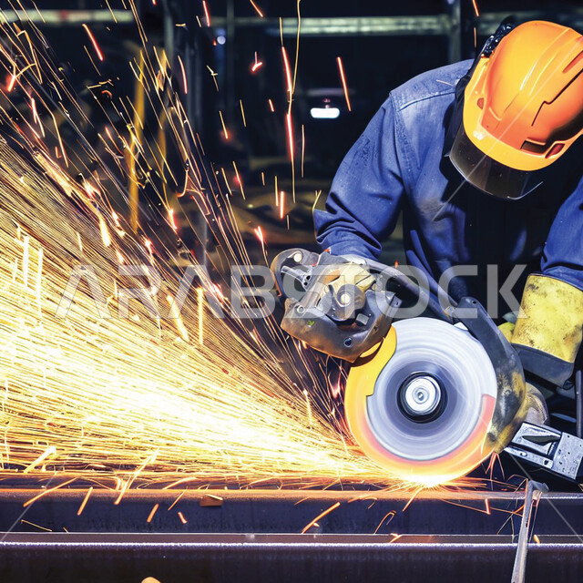 مهن ووظائف سعوديه, صورة مقربه لمهندس صناعي يرتدي الخوذة وقناع الحمايه الواقي يقوم بقطع المعدن, استخدام آله مطحنه الزوايه بشفرات دائرية لصناعه الحديد, تجهيز وقص الحديد الصلب بمعدات وأدوات البناء, المهارة في اتقان العمل في مصنع الحداده