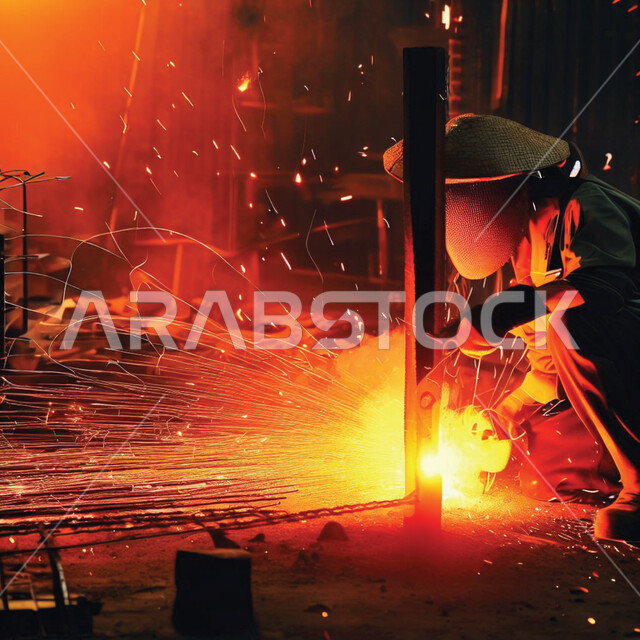 المهارة في اتقان العمل في مصنع الحداده, صورة من الجانب لمهندس صناعي يرتدي الخوذة وقناع الحمايه الواقي يقوم بقطع المعدن, استخدام آله مطحنه الزوايه بشفرات دائرية لصناعه الحديد, تجهيز وقص الحديد الصلب بمعدات وأدوات البناء, مهن وأعمال سعوديه