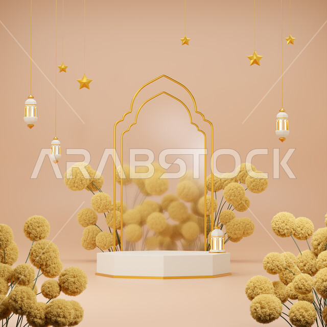 زينه الاعياد والمناسبات، قالب تصميم كائنات الديكور الإسلامي الديني المزخرف، الاحتفال في قدوم شهر الخير ، الفن الهندسي العصري الحديث، خلفية اسلامية مزخرفه ثلاثية الابعاد