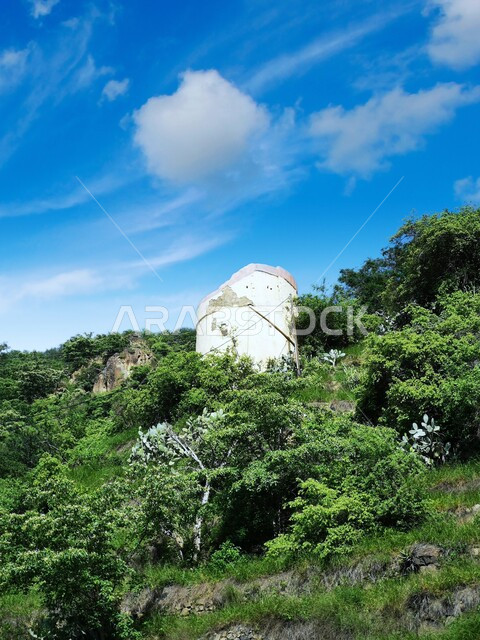 معالم اثرية تاريخية على القمم والمرتفعات الجبلية في مدينة جازان، المباني القديمة في محافظة فيفاء في السعودية، الأشجار والنباتات الخضراء على سفوح الجبال، خلفية الطبيعة