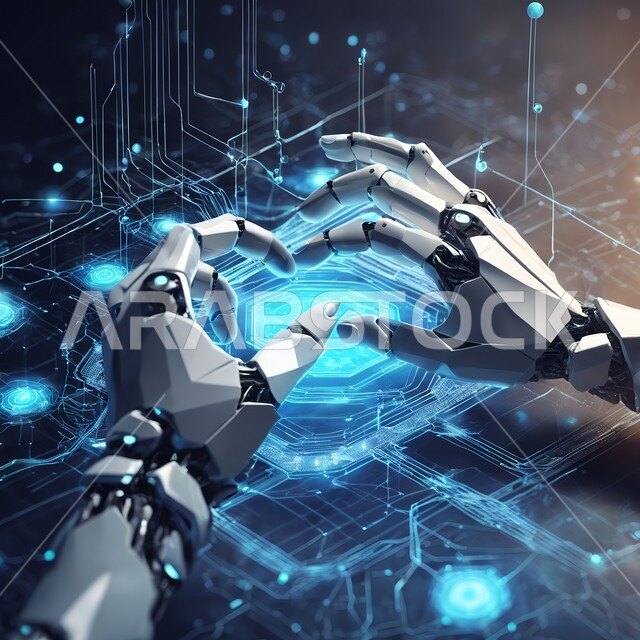  تكنولوجيا رؤية مستقبلية سعودية 2030, صورة مقربة لأيدي رجل آلي عصري متطور, روبوت ذكي وحديث , برمجة وتحديث تقنية الذكاء الاصطناعي, التحول الرقمي والتقدم التقني، خلفية زرقاء. 