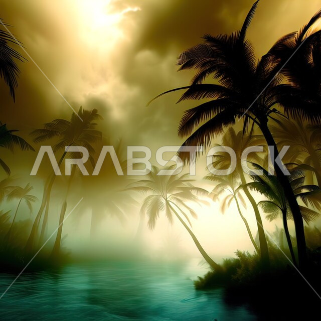 اشجار النخيل في محمية طبيعية بالمملكة العربية السعودية اثناء غروب الشمس، زراعة شجر النخل، السماء الملبدة بالغيوم والبيئة الطبيعيه الخضراء، خلفية الطبيعه