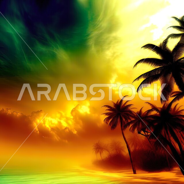 اشجار النخيل في محمية طبيعية بالمملكة العربية السعودية اثناء غروب الشمس، زراعة شجر النخل، السماء الملبدة بالغيوم والبيئة الطبيعيه الخضراء، خلفية الطبيعه