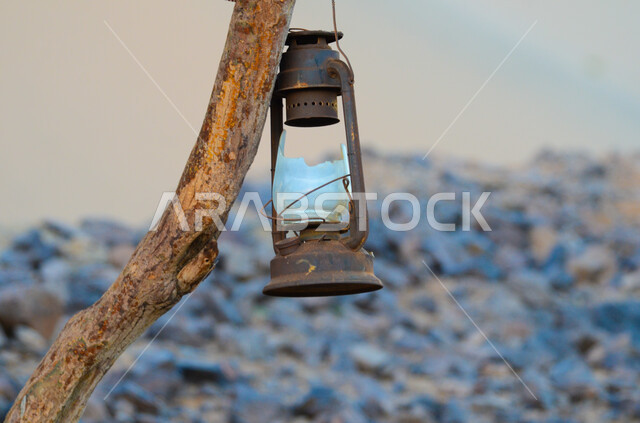 فانوس عربي تقليدي  قديم الطراز مصنوع من النحاس صدئ مكسور الزجاج ، صورة مقربة لمصباح اثري قديم معلق على غصن شجرة ،  ديكورات و زينة رمضانية , فوانيس زيتية للإضاءة ,  خلفية الطبيعة .