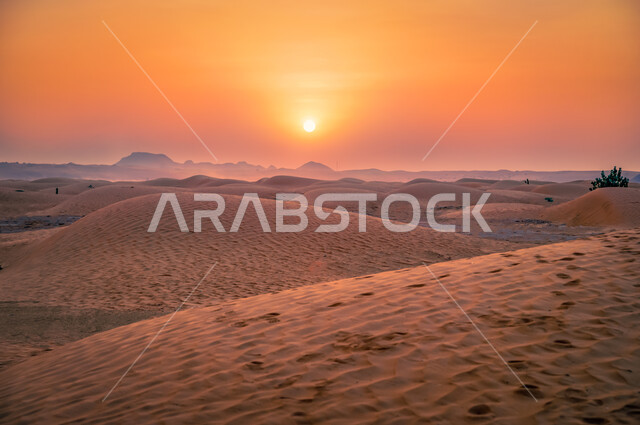 التلال الرملية والتضاريس الصحراوية الطبيعية في المملكة، الكثبان الرملية الناعمة في صحراء الرياض، القمم والمرتفعات الجبلية وقت غروب الشمس