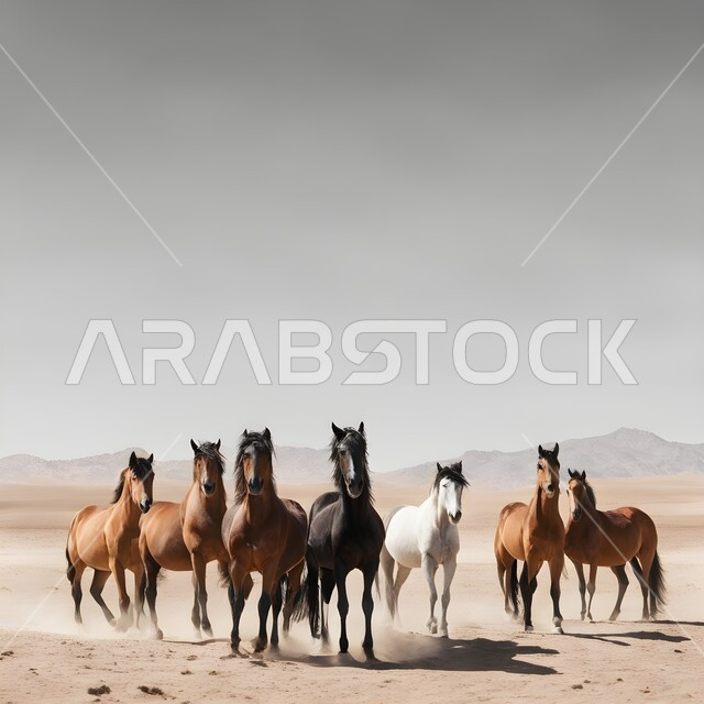 تربيه وتدريب الجياد في المملكه السعوديه, صورة مقربه لمجموعة من الخيول يركضون فوق رمال الصحراء الذهبيه الناعمة, محميات طبيعيه للاهتمام بالحيوانات البريه, أحصنه عربيه أصيله, خلفية الطبيعه الصحراويه