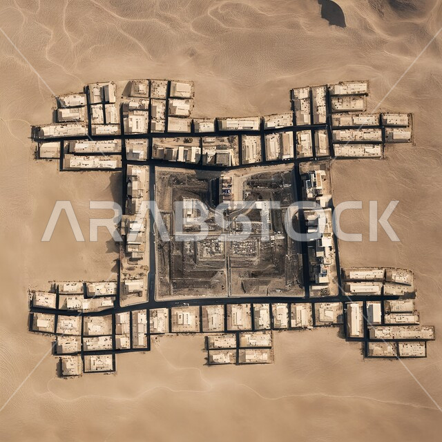 تصميم مخطط للمباني والمنشآت وسط البيئة الصحراوية, صورة من الأعلى لمدينة حديثة في الصحراء الرمليه, التطور والنمو العمراني, رؤية مستقبليه سعودية 2030