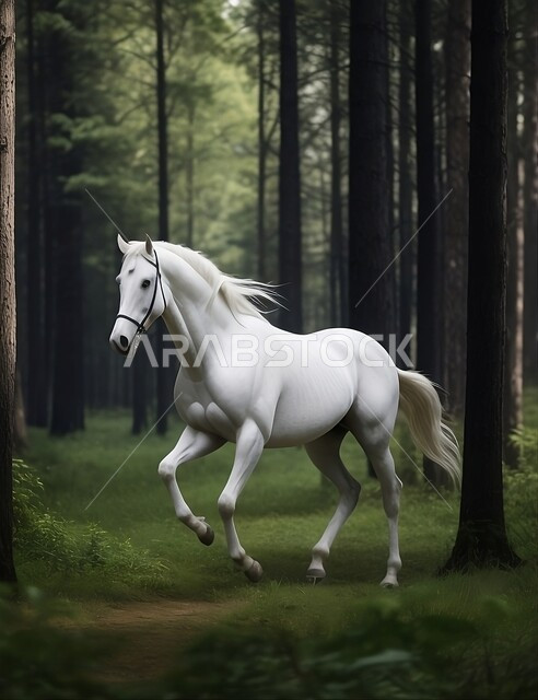 خيل عربي أصيل أبيض في الغابة الخضراء، مزرعة لتربية وتدريب الخيول بالمملكة العربية السعودية، توارث حب الجياد بين ابناء الوطن، الاهتمام والرعاية بالأحصنة في البيئة الطبيعيةعربي 