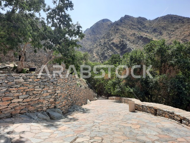 Heritage tourist attractions in broad daylight, building made of stones and trunks of Sidr trees, the old historical village of Dhi Al-Ain in the Al-Baha region, the natural environment of archaeological villages in the mountain peaks and heights, tourism in recreational places in the Kingdom of Saudi Arabia
