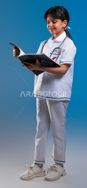 تنظيم الوقت و مراجعه المواعيد، الأهداف المستقبلية في العمل في العيادات والمشافي ،بورتريه لفتاة عربية خليجية سعودية مبتسمة ترتدي اللباس الابيض الخاص بمهنة الطب و تنظر إلى الملفات الخاصة بالمرضى، اختيار مهنة المستقبل منذ الصغر، صورة الجسم بالطول الكامل، خلفية زرقاء