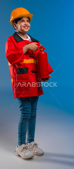 Standing straight and looking at something, striving to fulfill childhood dreams and wishes for the future, portrait of a Saudi Arabian Gulf girl wearing a protective vest and helmet holding a fire extinguisher, passion for helping people and volunteering with rescue teams, full-length body portrait, blue background