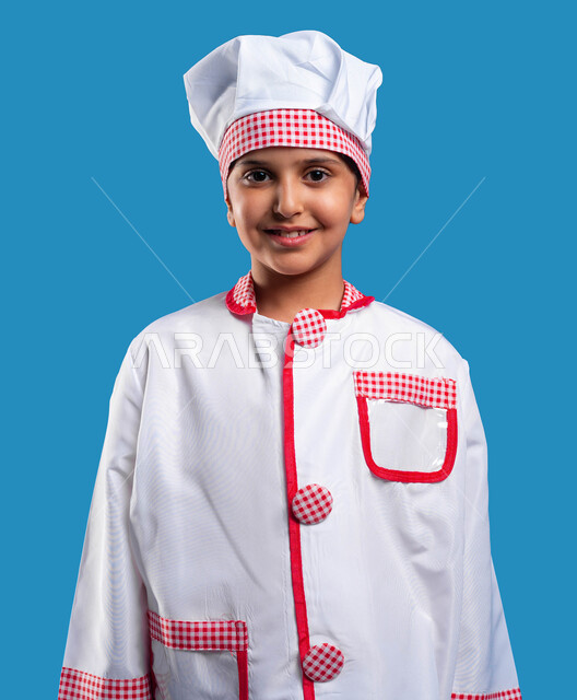 Gestures of optimism in achieving a childhood dream, eating arts, creativity and taste skills, a close-up portrait of a Saudi Arabian Gulf girl wearing a chef’s uniform and looking at the camera happily, delicious healthy meals, professionalism in the cooking profession, blue background