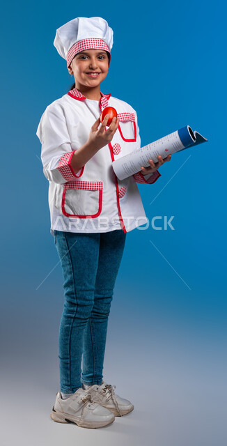 القيمة الغذائية للطماطم المطبوخة، وجبات الطعام الصحية اللذيذة، أهداف مستقبلية باحتراف مهنة الطهي، بورتريه  لفتاة عربية خليجية سعودية مبتسمة ترتدي زي الطباخة وتمسك بيدها كتاب وصفات الطعام، صورة الجسم بالطول الكامل، خلفية زرقاء