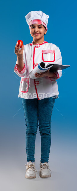 أهمية استخدام الطماطم الأحمر في الطبخ، وجبات الطعام الصحية اللذيذة، أهداف مستقبلية للبنات، بورتريه لفتاة عربية خليجية سعودية مبتسمة ترتدي زي الطباخة وتمسك بيدها كتاب وصفات الطعام ، صورة الجسم بالطول الكامل، خلفية زرقاء