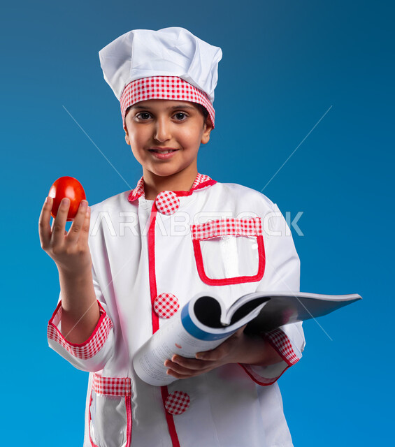 اختيار وتحديد المهنة المستقبلية منذ الصغر، تحضير الأكلات الصحية، فنون الأكل ومهارات الإبتكار والتذوق، احتراف مهنة الطهي، بورتريه مقرب لفتاة عربية خليجية سعودية مبتسمة ترتدي زي الطباخة وتمسك بيدها كتاب وصفات الطعام وحبة طماطم حمراء طازجة، خلفية زرقاء