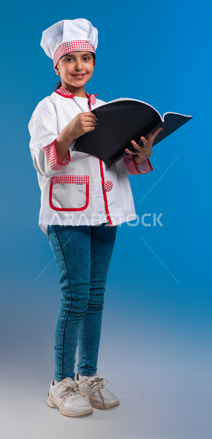 طموحات وأهداف مستقبيلة باحتراف مهنة الطهي، بورتريه لفتاة عربية خليجية سعودية ترتدي زي الطباخه تحمل بيدها كتاب وتنظر الى الكاميرا بابتسامه، تطبيق وصفات الطعام من كتب الطبخ، صورة الجسم بالطول الكامل، خلفية زرقاء