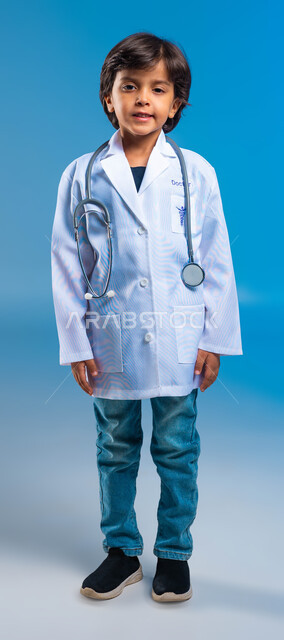 Standing with confidence and happiness, providing health care and services, portrait of a Saudi Gulf Arab child wearing a white medical coat and wearing stethoscopes, choosing and determining a future profession from a young age, full-length body image, blue background