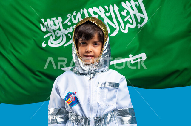 حلم الوصول للفضاء و القمر، بورتريه مقرب لولد عربي سعودي خليجي مبتسم يرتدي زي رائد فضاء يحلم بأن يصبح رائد فضاء، الاحتفال باليوم الوطني ٢٣ سبتمبر، يوم العلم السعودي ١١ مارس، ايماءات الشغف بتحقيق حلم الطفولة، آمال لمهن و وظائف في المستقبل، خلفية زرقاء .