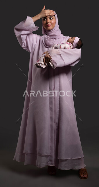 Gestures of forgetting something important, a portrait of a veiled Saudi Arabian Gulf mother wearing a colorful abaya and placing her hand on her head with gestures indicating sudden remembrance, the concept of love and tenderness, full-length body image, black background