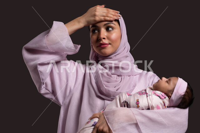 Gestures of forgetting something important, being late for medication appointments, the importance of rest and sleep, feelings of love and tenderness between a mother and her children, a close-up portrait of a veiled Saudi Arabian Gulf woman wearing a colorful abaya and placing her hand on her head, a plain background.