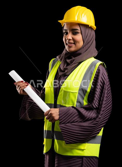 تنمية وتطور السعودية بمجال الهندسة والبناء على يد أبناء الوطن, متابعة الأعمال الهندسية, بورتريه لمهندسة عربية خليجية سعودية مبتسمة ترتدي خوذه الحماية وسترة العمل تقف بإيماءات الثقة والفخر, المخططات الانشائية المعمارية, خلفية سوداء